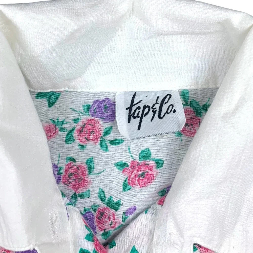 Vintage 90's Western Floral Button Up Short Sleeve Top Pink Purple White Small - Picture 6 of 8